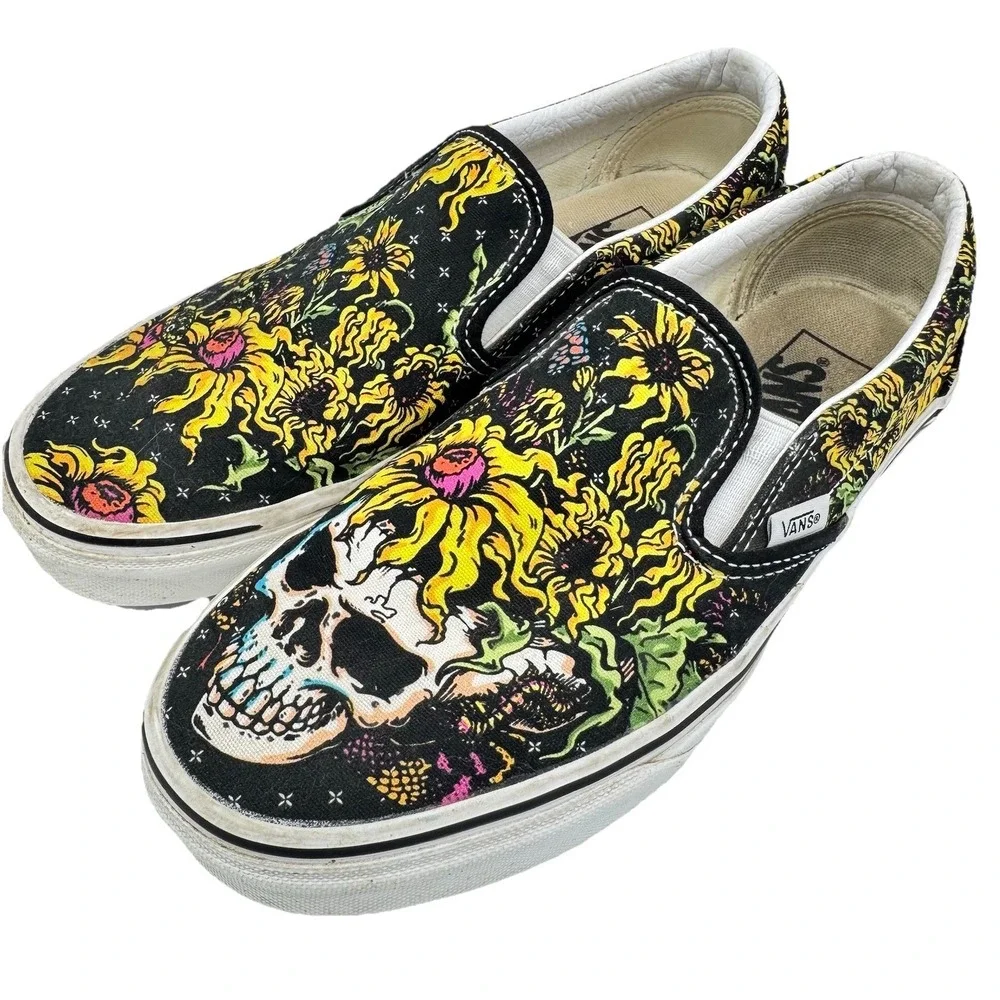 Vans Skull Sunflower Slip On Sneakers Men 6.5 Women 8 Floral Goth Y2K 500714